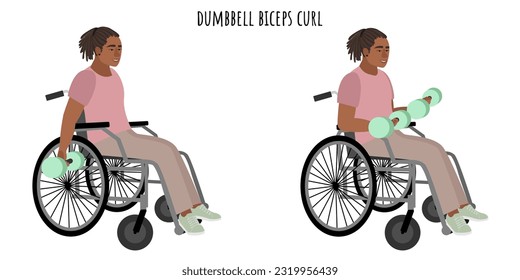 Disabled man doing dumbbell biceps curl exercise. Inclusive sports for people with disabilities. Sport, wellness, workout, fitness. Flat vector illustration