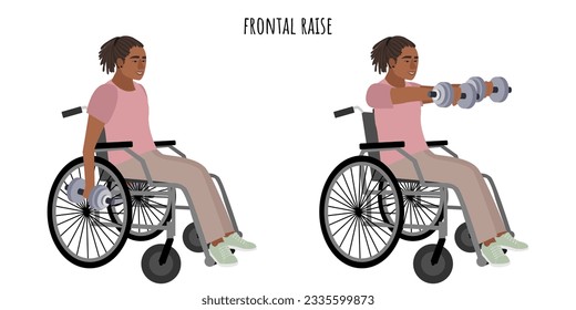 Disabled man doing frontal raise exercise. Inclusive sports for people with disabilities. Sport, wellness, workout, fitness. Flat vector illustration