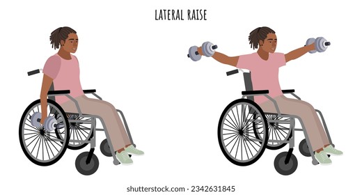 Disabled man doing lateral raise exercise. Inclusive sports for people with disabilities. Sport, wellness, workout, fitness. Flat vector illustration