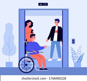 Disabled man getting into elevator cabin. Wheelchair, friends, lift flat vector illustration. Diversity, disability, public place concept for banner, website design or landing web page
