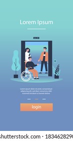 Disabled man getting into elevator cabin. Wheelchair, friends, lift flat vector illustration. Diversity, disability, public place concept for banner, website design or landing web page
