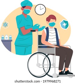 Disabled man getting vaccinated by female nurse with a syringe in a hospital to prevent spread of disease.