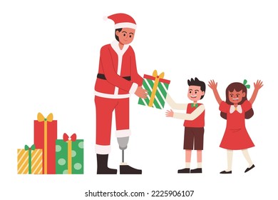 Hombre discapacitado dando caja de regalo a los niños durante Navidad