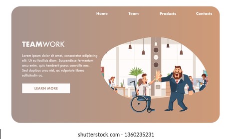 Disabled Man Giving High Five to Office Worker. Happy Coworker Wear Suit. Male Character Sitting in Wheelchair Joy. Colleague Succsess at Modern Workplace. Cartoon Flat Vector Illustration