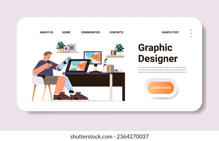 disabled man graphic designer with replaced robotic leg and arm guy working on laptop people with disabilities concept
