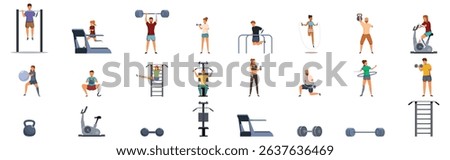 Disabled man gym icons set. People exercising using different gym equipment, doing exercises like pull ups, running on a treadmill, lifting weights and dumbbells, and using a stationary bike