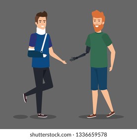 disabled man with hand fracture and other hand prosthesis