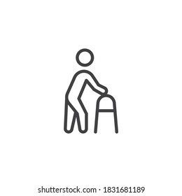 Disabled man line icon. linear style sign for mobile concept and web design. Man with walker outline vector icon. Symbol, logo illustration. Vector graphics