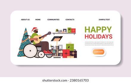 disabled man musician in wheelchair wearing christmas santa claus hat playing guitar people with disabilities new year holidays celebration
