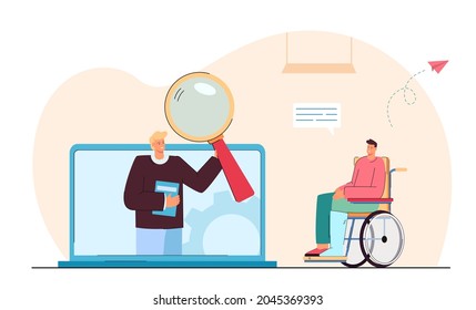 Disabled man next to huge laptop with professor on screen. Invalid on wheelchair flat vector illustration. Disability, accessibility, online education concept for website design or landing web page