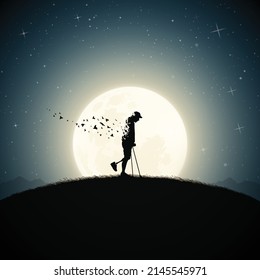 Disabled man on crutches silhouette. Death and afterlife. Full moon