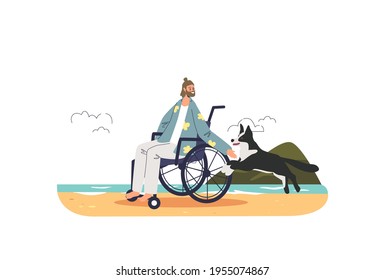 Disabled man on wheelchair on sea coast travel for summer vacation. Tourist guy on wheel chair. Young male character with disability on summer holiday. Flat vector illustration
