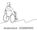 Disabled man one line. A person is sitting in a wheelchair continuous line drawing. Healthcare concept. Vector illustration minimalist isolated on white background.