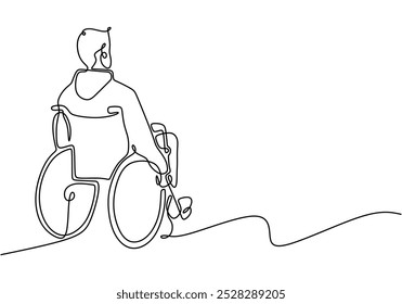 Disabled man one line. A person is sitting in a wheelchair continuous line drawing. Healthcare concept. Vector illustration minimalist isolated on white background.