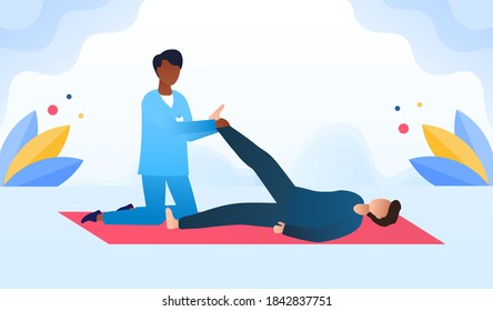 Disabled man at orthopedic rehabilitation therapy at clinic. Masseur massaging the patients leg lying on the carpet. Concept of disabled rehabilitation, physiotherapy. Flat catoon vector illustration