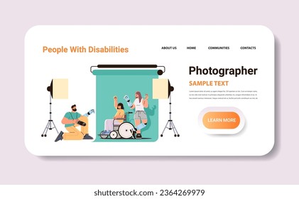 disabled man photographer doing photo of models with replaced robotic body parts in photo studio people with disabilities concept