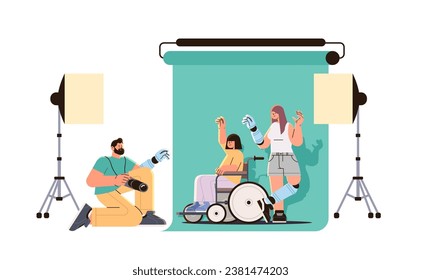 disabled man photographer doing photo of models with replaced robotic body parts in photo studio people with disabilities concept