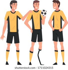 Disabled Man Playing Soccer with His Friends, Handicapped Man Receiving Support and Having Good Time, Person Enjoying Full Life Vector Illustration