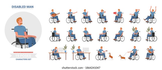 Disabled man poses vector illustration set. Cartoon bearded smiling male character with physical disability sitting in wheelchair, gesture or expression collection of disabled person isolated on white