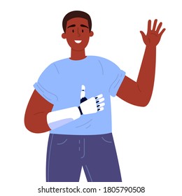 Disabled man presents a prosthesis.Young man with artificial limb isolated cartoon character on pinkbackground.Advertising concept.Vector flat style cartoon illustration.