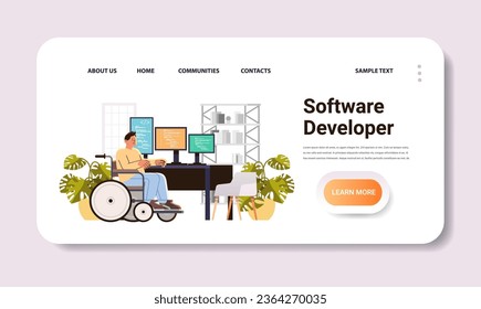 disabled man programmer in wheelchair sitting at workplace software development people with disabilities concept