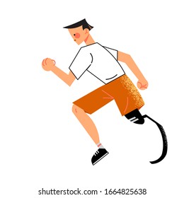 Disabled man with prosthesis instead of leg running making sport