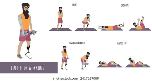 Disabled man with prosthetic leg and arm doing full body workout. Inclusive workout for people with disabilities. Sport, wellness, workout, fitness. Flat vector illustration