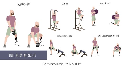 Disabled man with prosthetic leg doing full body workout. Inclusive workout for people with disabilities. Sport, wellness, workout, fitness. Flat vector illustration