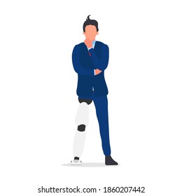 Hombre discapacitado con una pierna protésica. Prótesis, persona discapacitada. Dibujo vectorial plano de dibujos animados