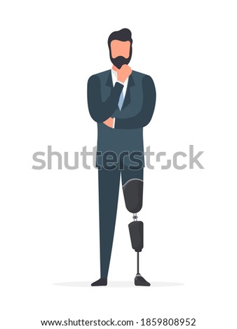 Disabled man with a prosthetic leg. Prosthesis, disabled person. Cartoon flat vector illustration