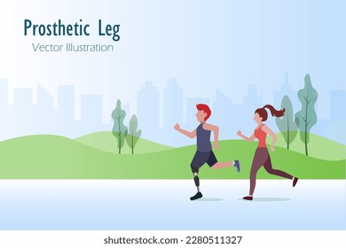 Disabled man with prosthetic leg running with woman in outdoor park. Disabled technology and lifestyle. Vector. 