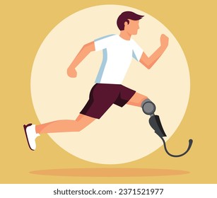 Disabled man with prosthetic leg running outdoors. Technology and lifestyle for the disabled. Rehabilitation for the disabled.
