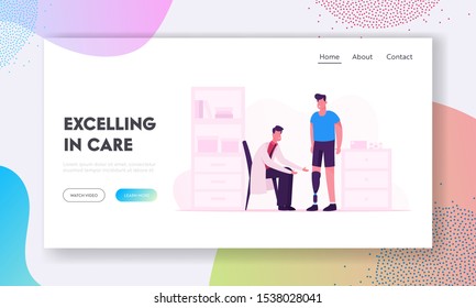 Disabled Man Recreation in Clinic Website Landing Page. Smiling Doctor Communicate with Patient Having Leg Prosthesis in Hospital Office Rehabilitation Web Page Banner. Flat Vector Illustration