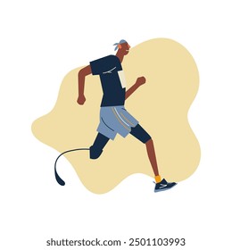 Disabled man runner with artificial limbs performing sports isolated. Male athlete with prosthesis legs running at marathon race vector flat illustration. Sportsman with physical disability.