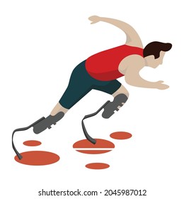 A disabled man runner vector illustration. A male athlete with prosthetic legs starts to sprint.