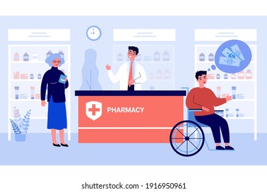 Disabled man short of money for meds. Person in wheelchair in chemist shop. Flat vector illustration. Disability, financial problems, support concept for banner, website design or landing web page