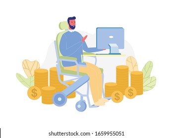 Disabled Man Sit on Wheelchair Working on Computer with Piles of Golden Dollar Coins around, Handicapped Man Freelance Worker Earning Money in Internet, Online Income Cartoon Flat Vector Illustration