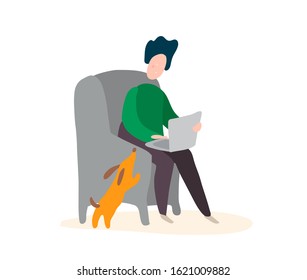 Disabled man siting with laptop. Person workong in a comfort home furniture, modern vector illustration isolated on white background.