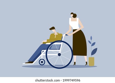 Disabled man sitting on a wheelchair and assisted by a woman