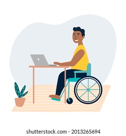 Disabled man sitting in a wheelchair. The concept of employment for people with special needs. Black businessman is working at laptop. Employment, social adaptation concept. Flat vector illustration