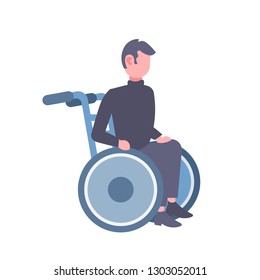 disabled man sitting in wheelchair disability concept male cartoon character full length flat isolated