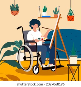 Disabled man sitting in wheelchair enjoy with painting on canvas frame at home, cartoon character, flat vector illustration