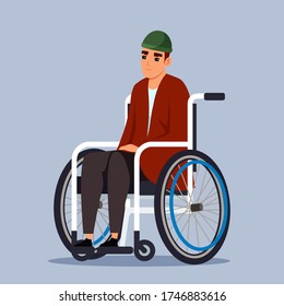 Disabled man sitting in wheelchair. Handicapped person isolated jy background. Character design for healthcare, medical support for patient at clinic, accessibility concept. Vector illustration