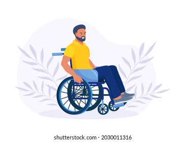 Disabled man sitting in wheelchair and hold wheel.  Young guy with disabilities. Disability concept. Vector illustration