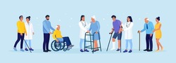 Disabled man sitting in wheelchair. Woman is walking, leaning on orthopedic walker. Blind patient walk with cane. Guy with broken leg in cast with crutches. People with disabilities. Rehabilitation