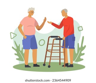Disabled man standing outside and talking with friend. Concept of happy retirement. Happy old age. Flat vector illustration in cartoon style in green colors