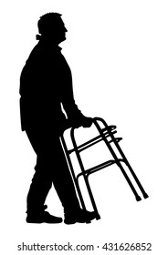 Disabled man strolls with walker vector silhouette isolated on white background. Injured person walking with help assist tool. Health care activity after hospital treatment. traffic accident victim.