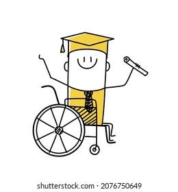 Hombre discapacitado, estudiante graduado de la escuela, universidad y con certificado. Divertido hombre con figura de palo. Estilo Doodle. Ilustración vectorial.