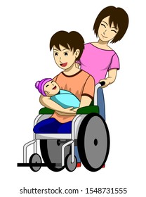 A disabled man with torn legs. He is sitting in a wheelchair and carrying his child. And there is a wife to take care of beside. Such a happy family. It has white background.