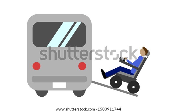 Disabled man using power wheelchair to enter an\
accessible vehicle. Vector image.\
